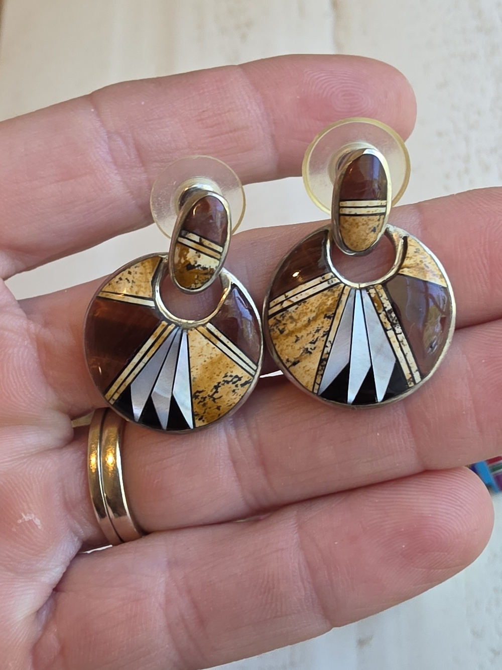 BG Mudd Earrings Mother Of Pearl Onxy Red Tigers Eye And Burl , Gorgeous !